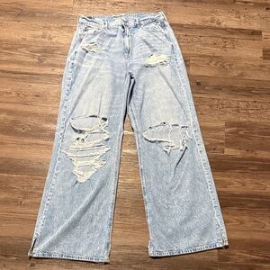 American Eagle Outfitters Light Blue Distressed Super High Rise Wide Leg Jeans
